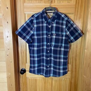 Hollister Men's Navy Plaid Short Sleeve Shirt
